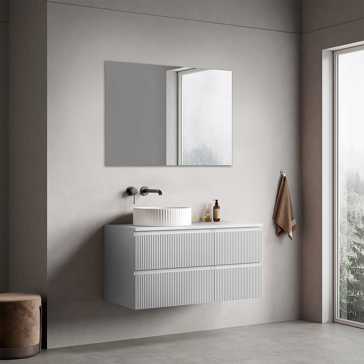 Mobile bagno sospeso cannettato reversibile  100 cm Bianco Opaco per Lavabo d'appoggio Specchio Quadro - Fiji Paint Top Canneté