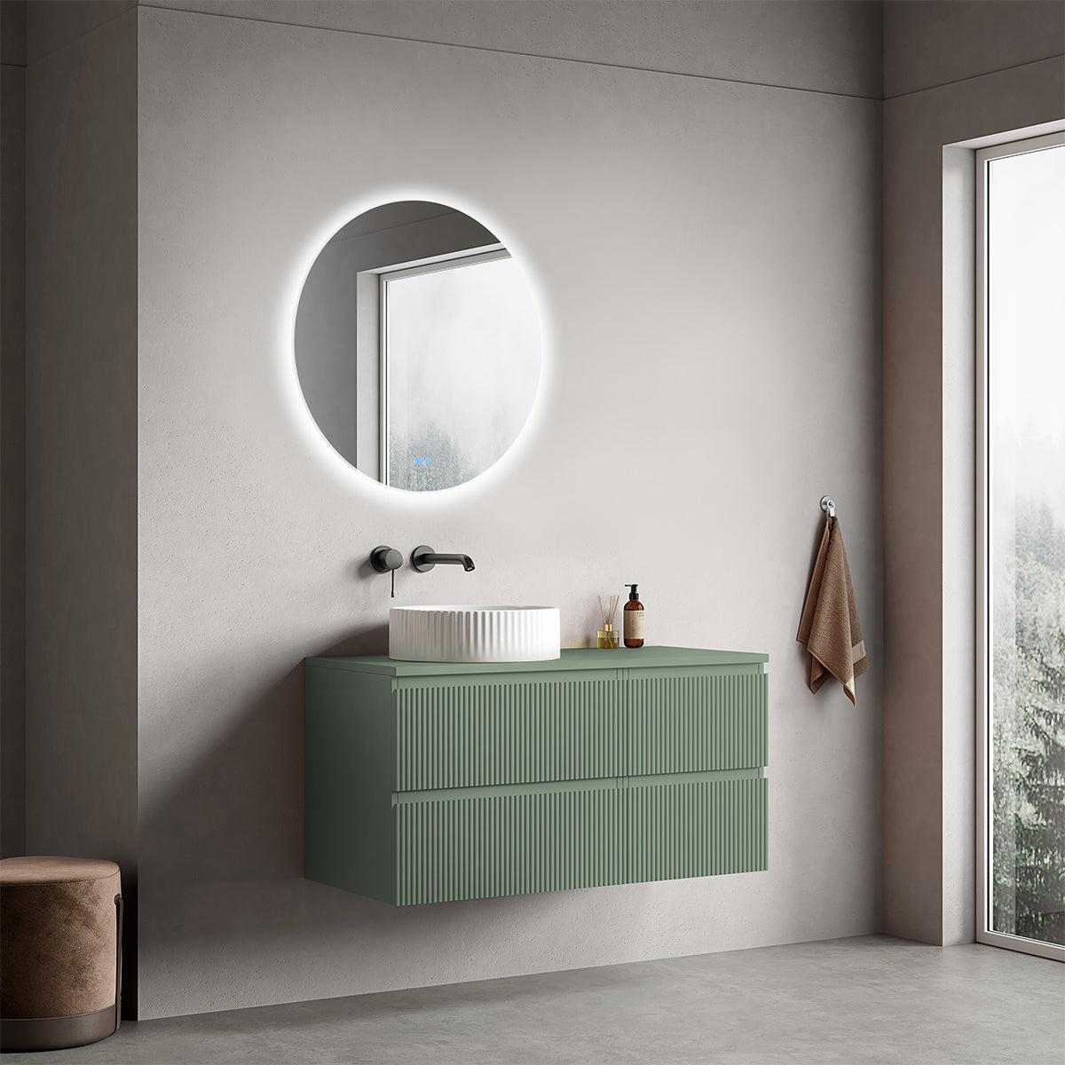Mobile bagno sospeso cannettato reversibile  100 cm Verde Salvia per Lavabo d'appoggio Specchio Tondo Retroilluminato - Fiji Paint Top Canneté