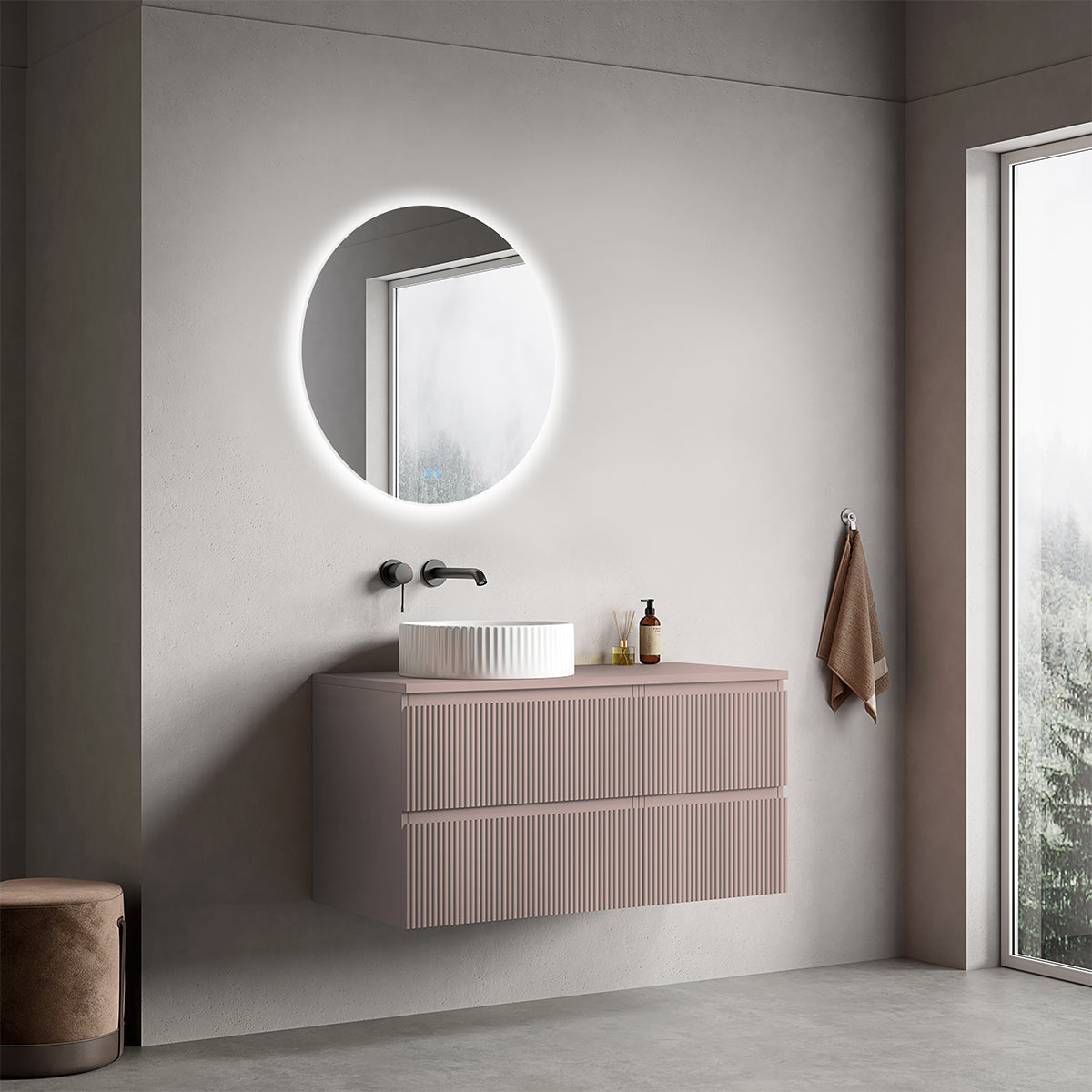 Mobile bagno sospeso cannettato reversibile  100 cm Rosa Retrò per Lavabo d'appoggio Specchio Tondo Retroilluminato - Fiji Paint Top Canneté