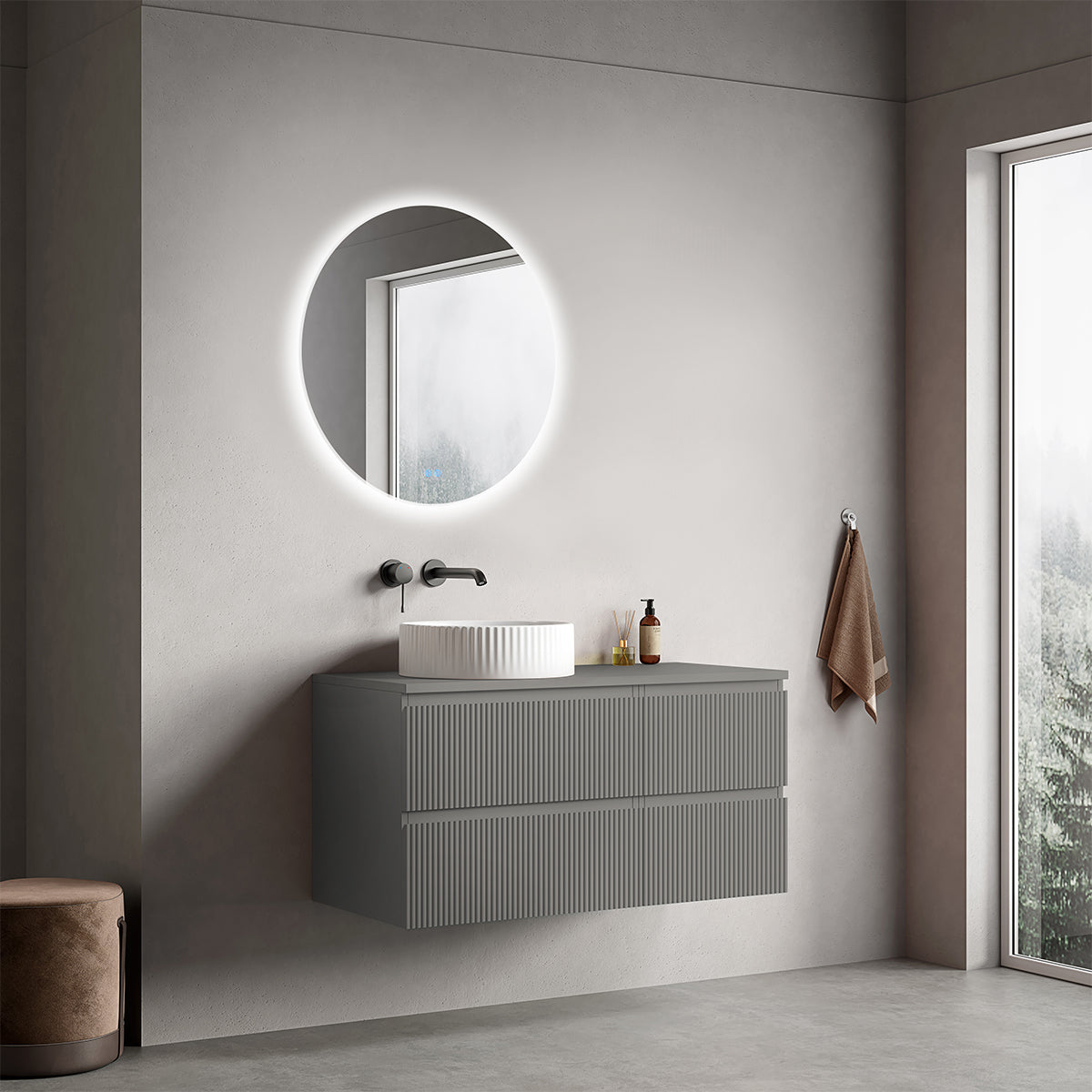 Mobile bagno sospeso cannettato reversibile  100 cm Grigio Londra per Lavabo d'appoggio Specchio Tondo Retroilluminato - Fiji Paint Top Canneté