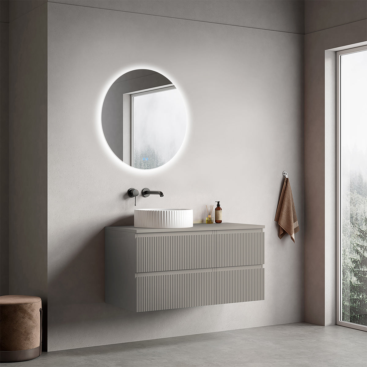 Mobile bagno sospeso cannettato reversibile  100 cm Grigio Cenere  per Lavabo d'appoggio Specchio Tondo Retroilluminato - Fiji Paint Top Canneté