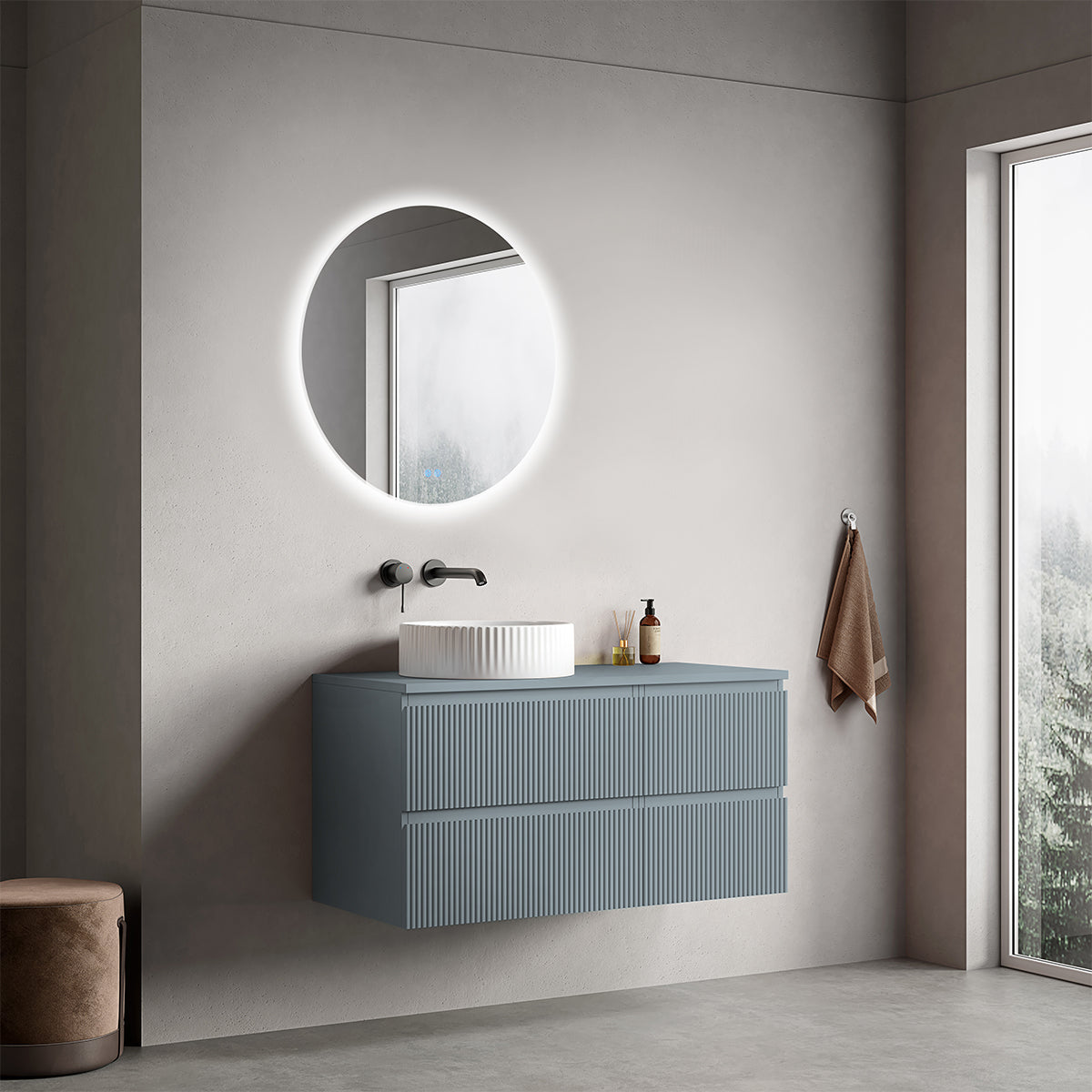 Mobile bagno sospeso cannettato reversibile  100 cm Blu Avio per Lavabo d'appoggio Specchio Tondo Retroilluminato - Fiji Paint Top Canneté