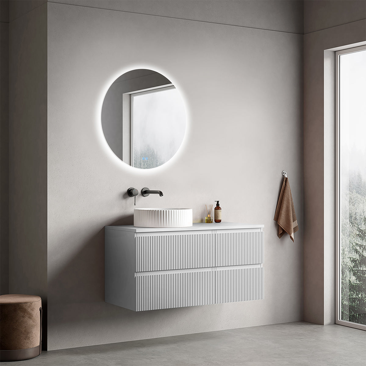Mobile bagno sospeso cannettato reversibile  100 cm Bianco Opaco per Lavabo d'appoggio Specchio Tondo Retroilluminato - Fiji Paint Top Canneté