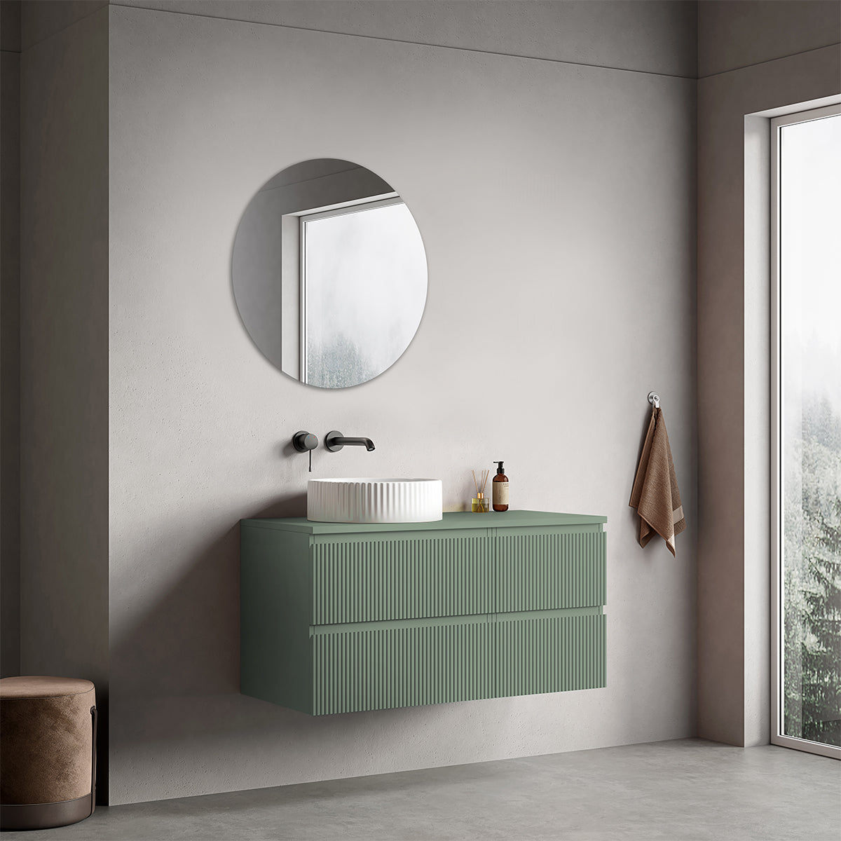 Mobile bagno sospeso cannettato reversibile  100 cm Verde Salvia per Lavabo d'appoggio Specchio Tondo - Fiji Paint Top Canneté