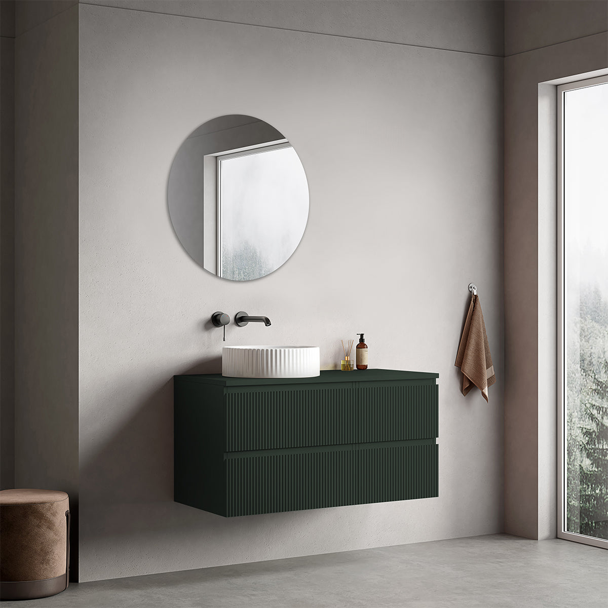 Mobile bagno sospeso cannettato reversibile  100 cm Verde Comodoro  per Lavabo d'appoggio Specchio Tondo - Fiji Paint Top Canneté