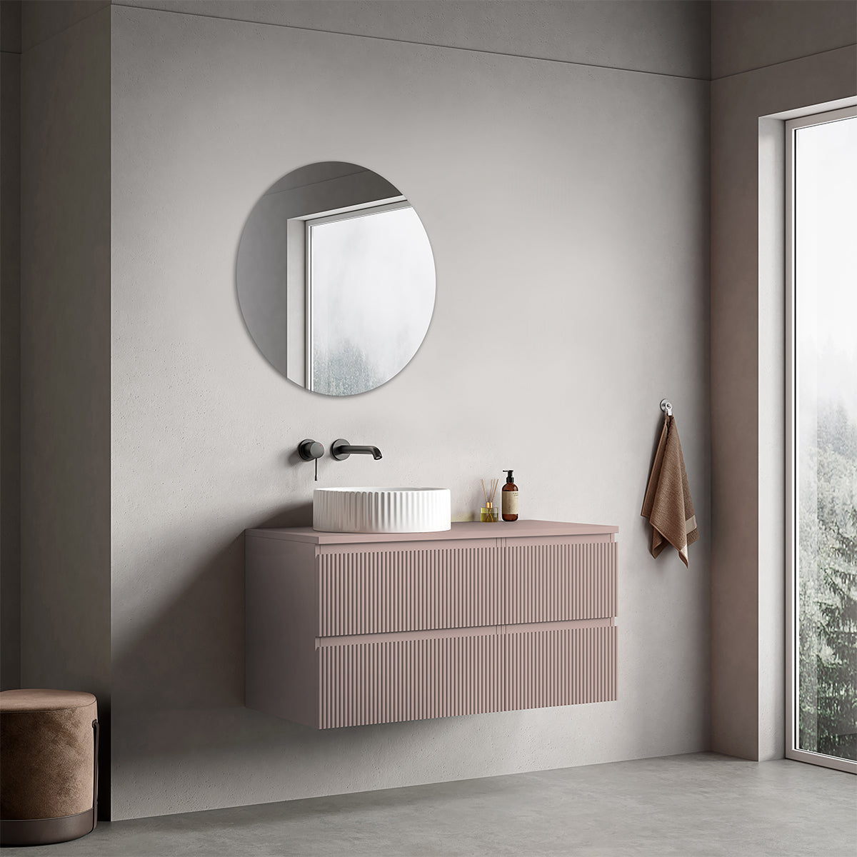 Mobile bagno sospeso cannettato reversibile  100 cm Rosa Retrò per Lavabo d'appoggio Specchio Tondo - Fiji Paint Top Canneté