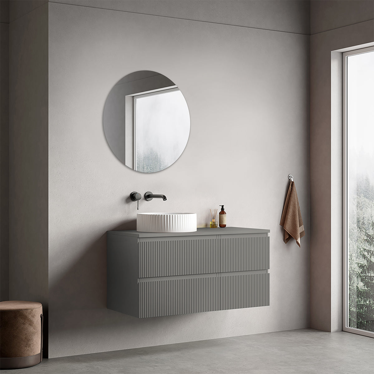 Mobile bagno sospeso cannettato reversibile  100 cm Grigio Londra per Lavabo d'appoggio Specchio Tondo - Fiji Paint Top Canneté