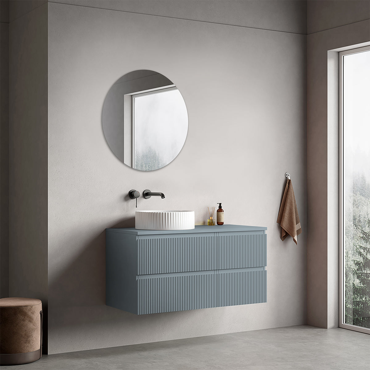 Mobile bagno sospeso cannettato reversibile  100 cm Blu Avio per Lavabo d'appoggio Specchio Tondo - Fiji Paint Top Canneté