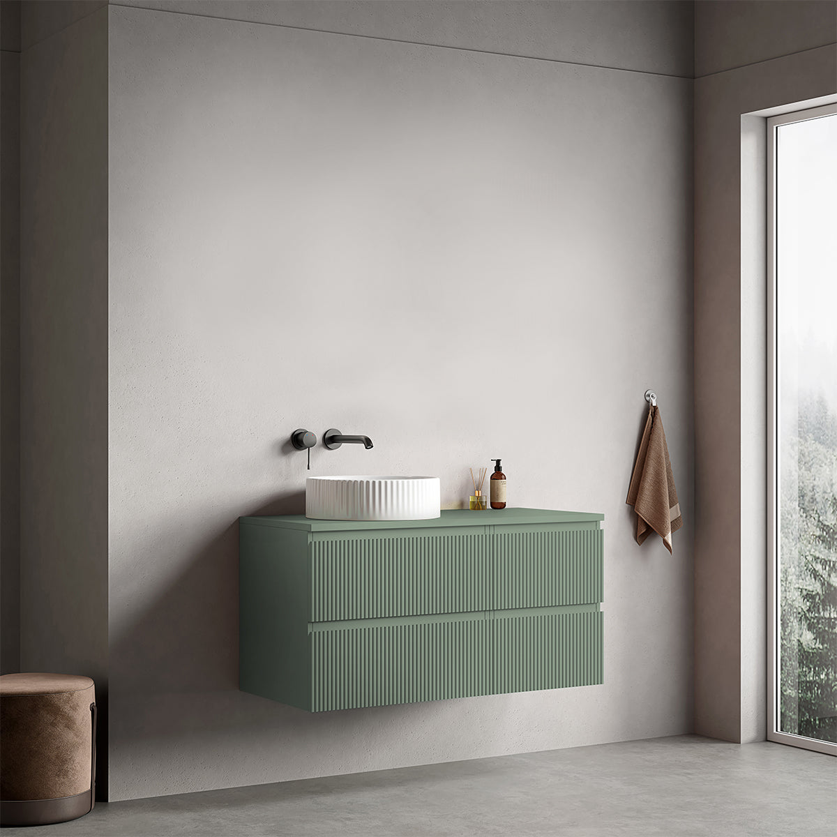 Mobile bagno sospeso cannettato reversibile  100 cm Verde Salvia per Lavabo d'appoggio Senza Specchio - Fiji Paint Top Canneté