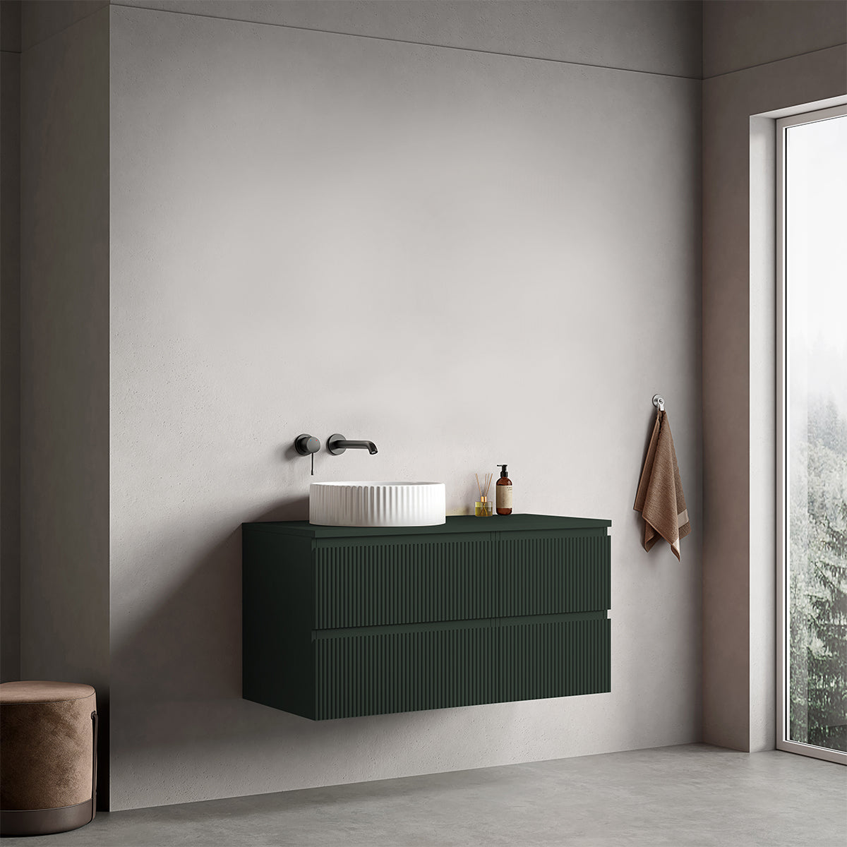 Mobile bagno sospeso cannettato reversibile  100 cm Verde Comodoro  per Lavabo d'appoggio Senza Specchio - Fiji Paint Top Canneté