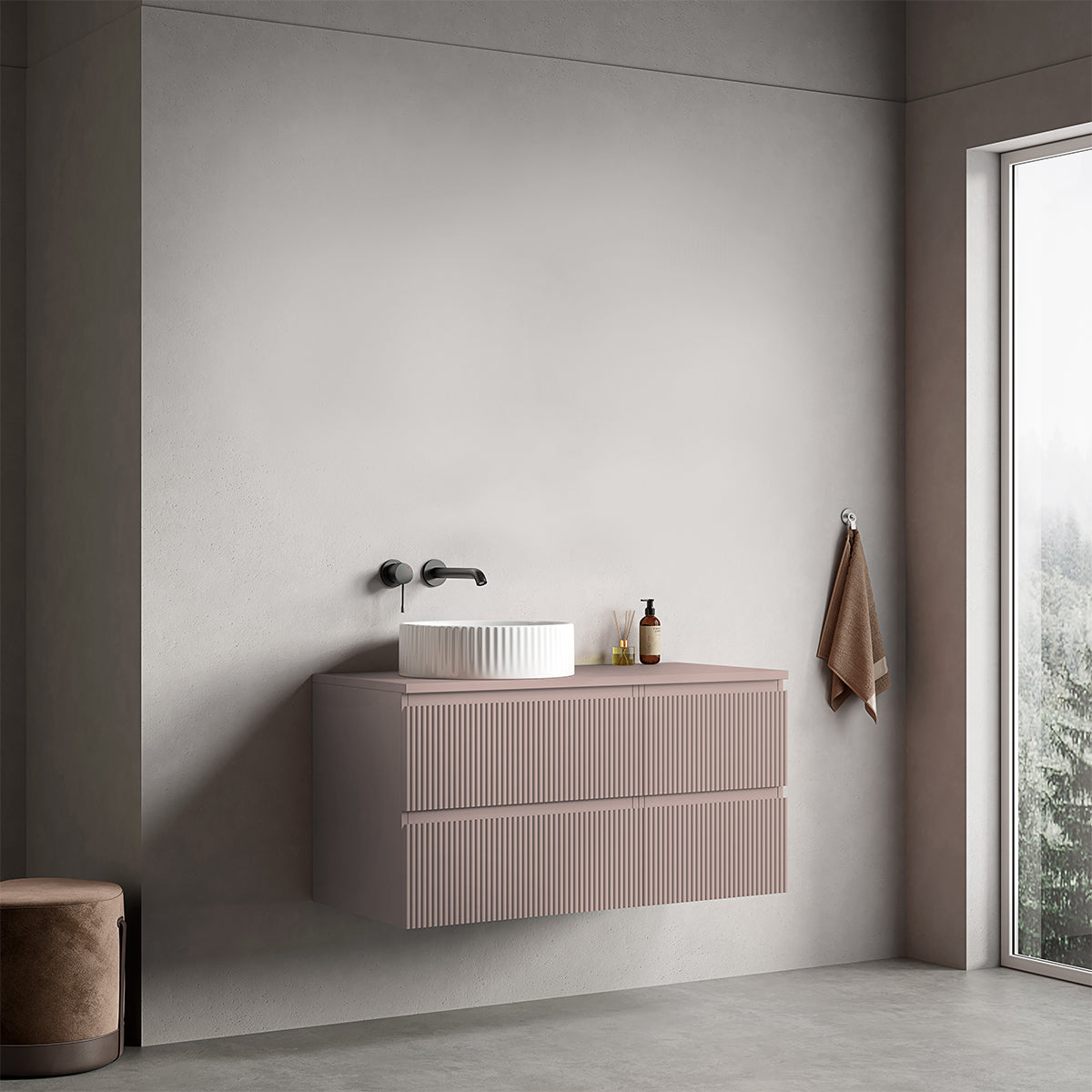 Mobile bagno sospeso cannettato reversibile  100 cm Rosa Retrò per Lavabo d'appoggio Senza Specchio - Fiji Paint Top Canneté