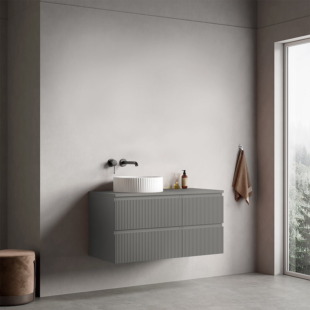 Mobile bagno sospeso cannettato reversibile  100 cm Grigio Londra per Lavabo d'appoggio Senza Specchio - Fiji Paint Top Canneté
