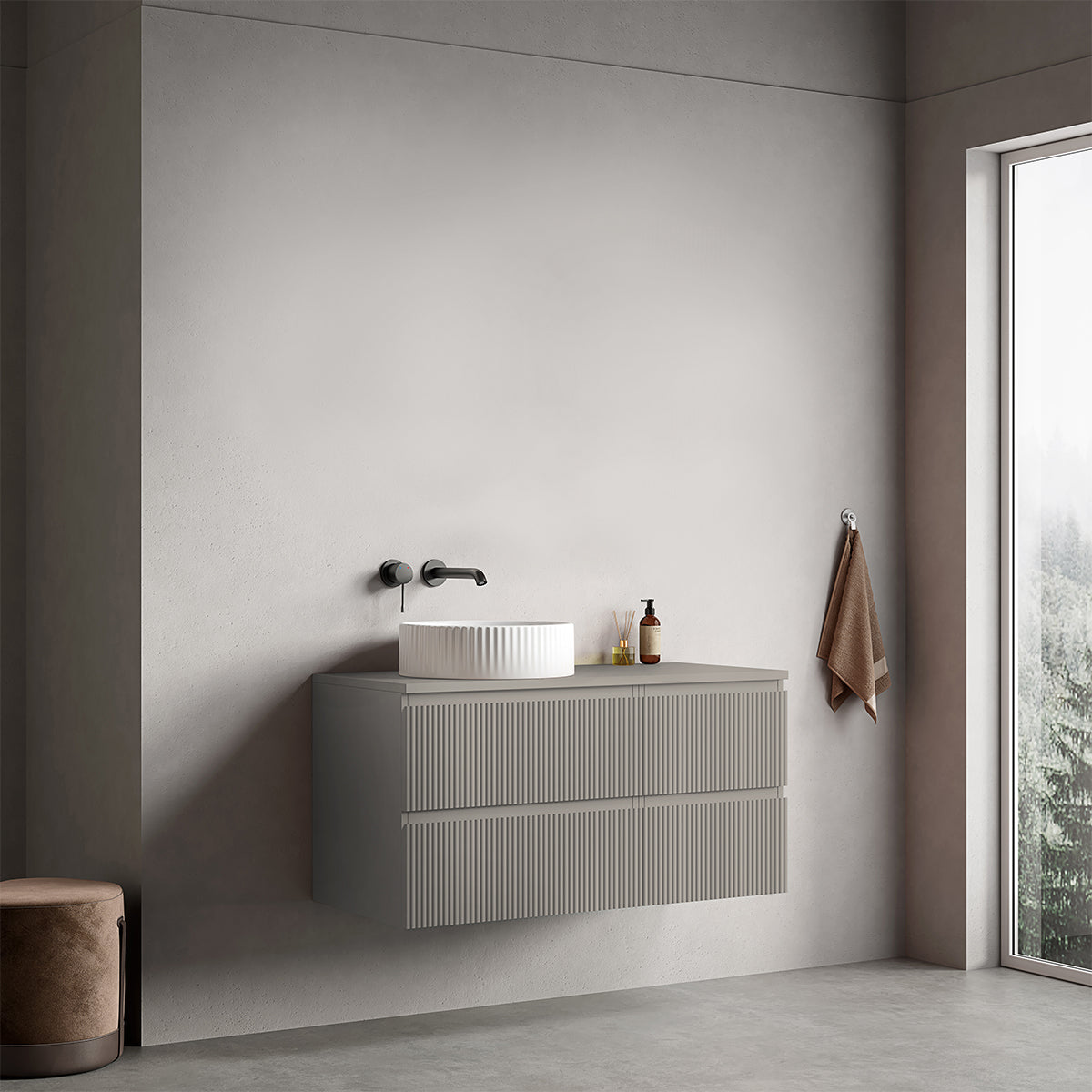 Mobile bagno sospeso cannettato reversibile  100 cm Grigio Cenere  per Lavabo d'appoggio Senza Specchio - Fiji Paint Top Canneté