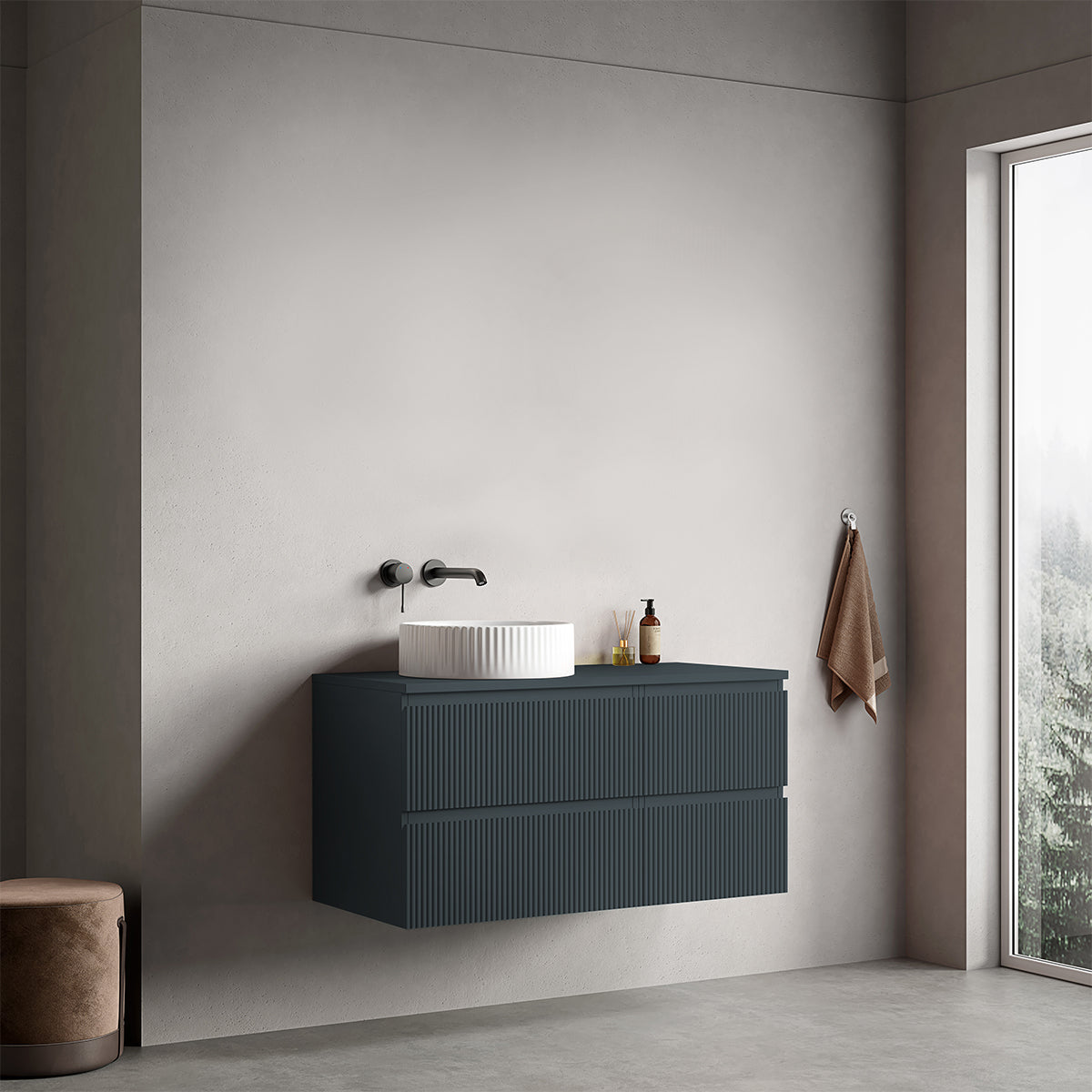 Mobile bagno sospeso cannettato reversibile  100 cm Blu Mare per Lavabo d'appoggio Senza Specchio - Fiji Paint Top Canneté