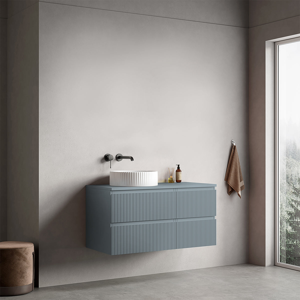 Mobile bagno sospeso cannettato reversibile  100 cm Blu Avio per Lavabo d'appoggio Senza Specchio - Fiji Paint Top Canneté