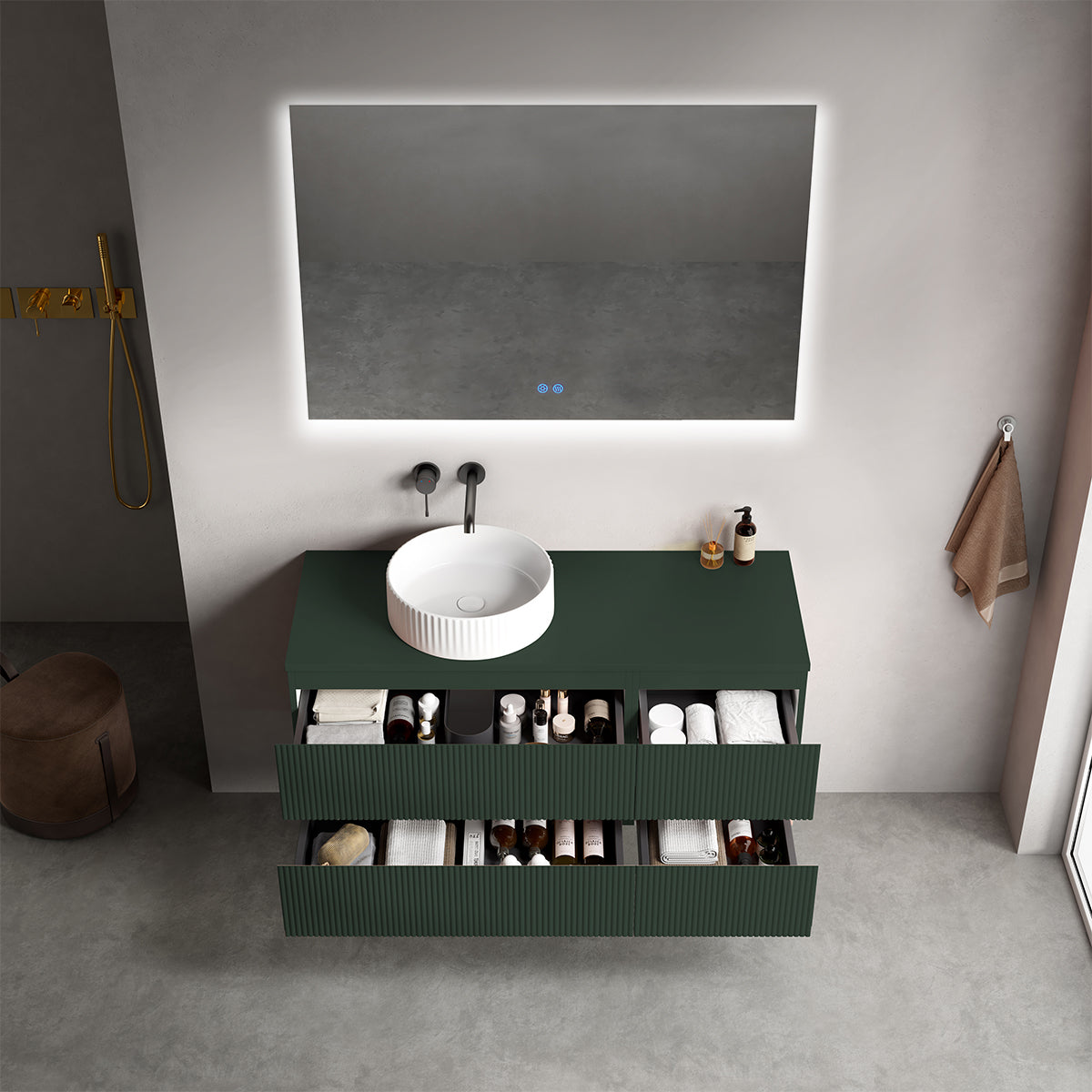 Mobile bagno sospeso cannettato reversibile  120 cm Verde Comodoro  per Lavabo d'appoggio Specchio Quadro Retroilluminato - Fiji Paint Top Canneté