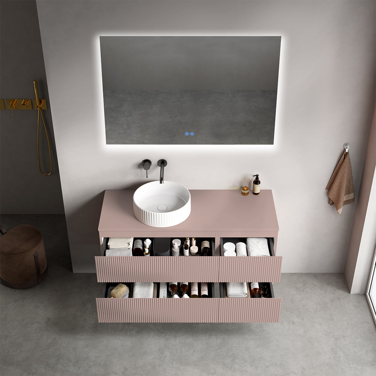 Mobile bagno sospeso cannettato reversibile  120 cm Rosa Retrò per Lavabo d'appoggio Specchio Quadro Retroilluminato - Fiji Paint Top Canneté