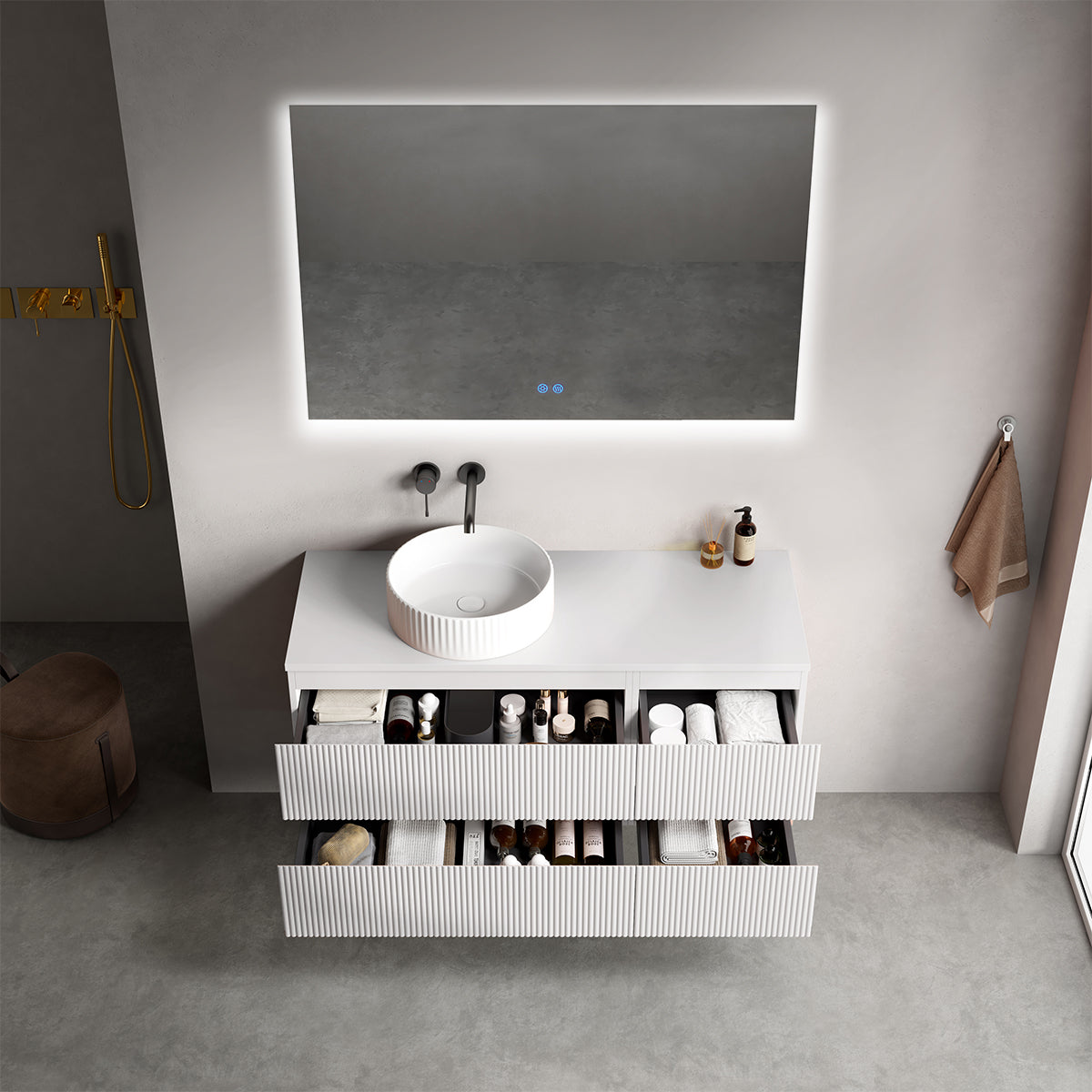 Mobile bagno sospeso cannettato reversibile  120 cm Bianco Opaco per Lavabo d'appoggio Specchio Quadro Retroilluminato - Fiji Paint Top Canneté