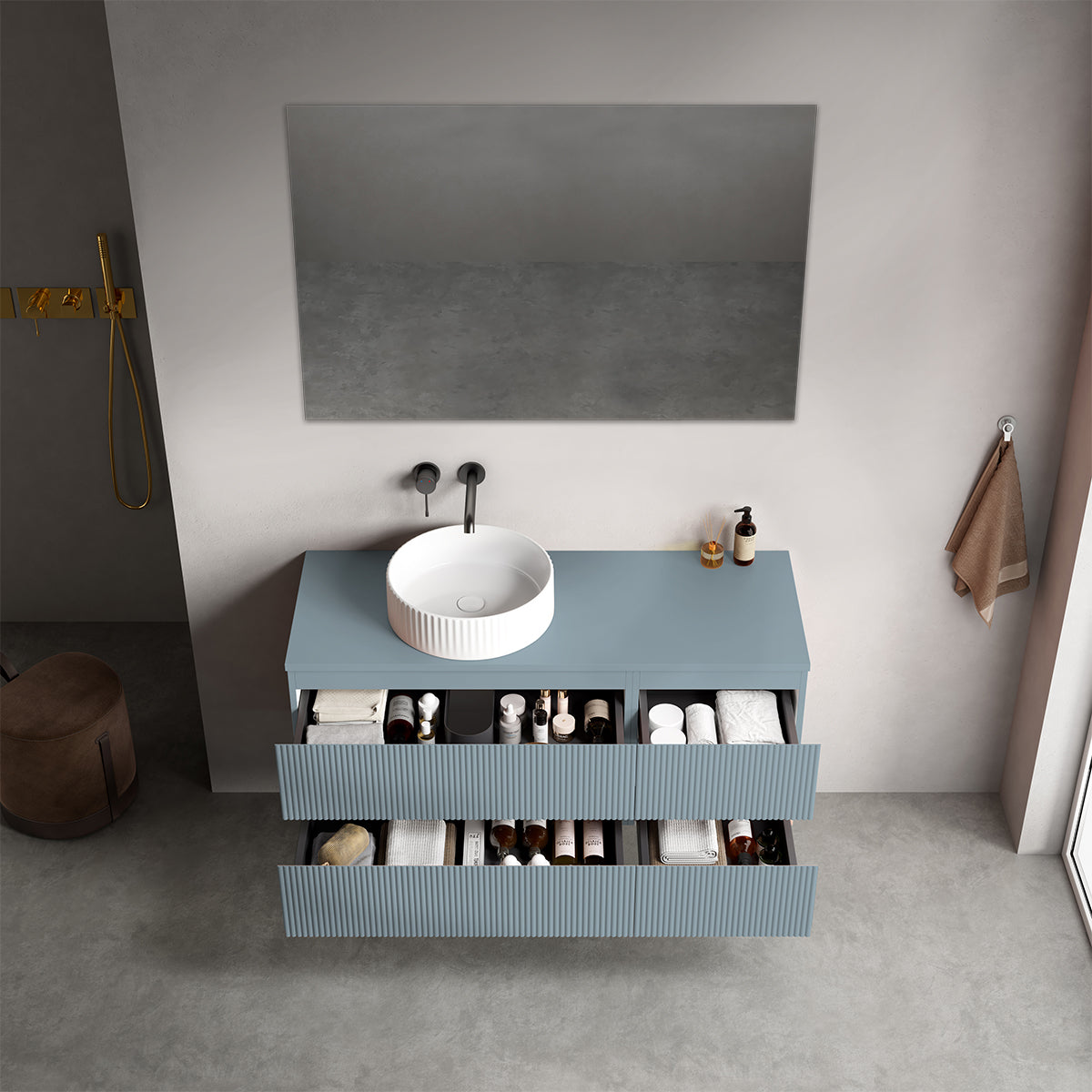 Mobile bagno sospeso cannettato reversibile  120 cm Blu Avio per Lavabo d'appoggio Specchio Quadro - Fiji Paint Top Canneté