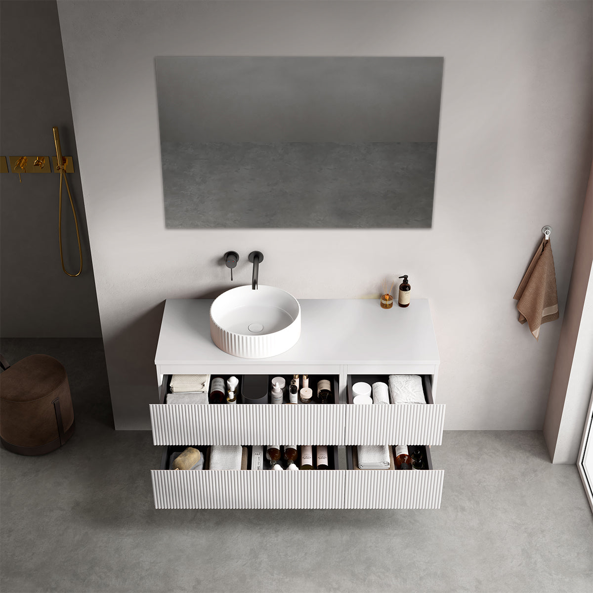 Mobile bagno sospeso cannettato reversibile  120 cm Bianco Opaco per Lavabo d'appoggio Specchio Quadro - Fiji Paint Top Canneté