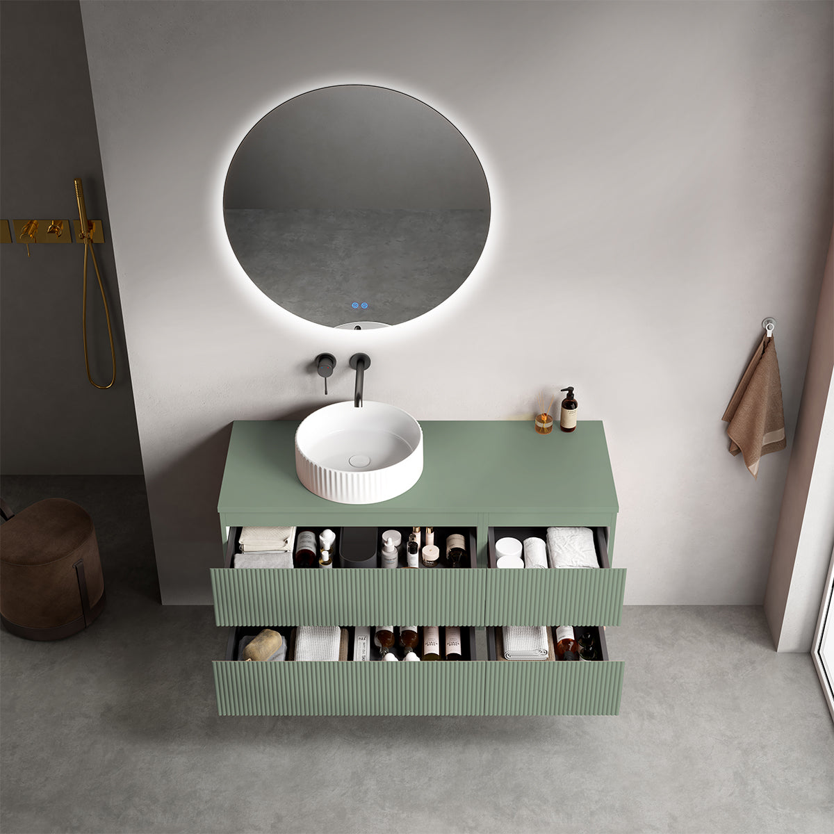 Mobile bagno sospeso cannettato reversibile  120 cm Verde Salvia per Lavabo d'appoggio Specchio Tondo Retroilluminato - Fiji Paint Top Canneté