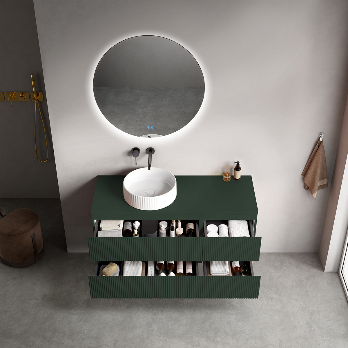 Mobile bagno sospeso cannettato reversibile  120 cm Verde Comodoro  per Lavabo d'appoggio Specchio Tondo Retroilluminato - Fiji Paint Top Canneté