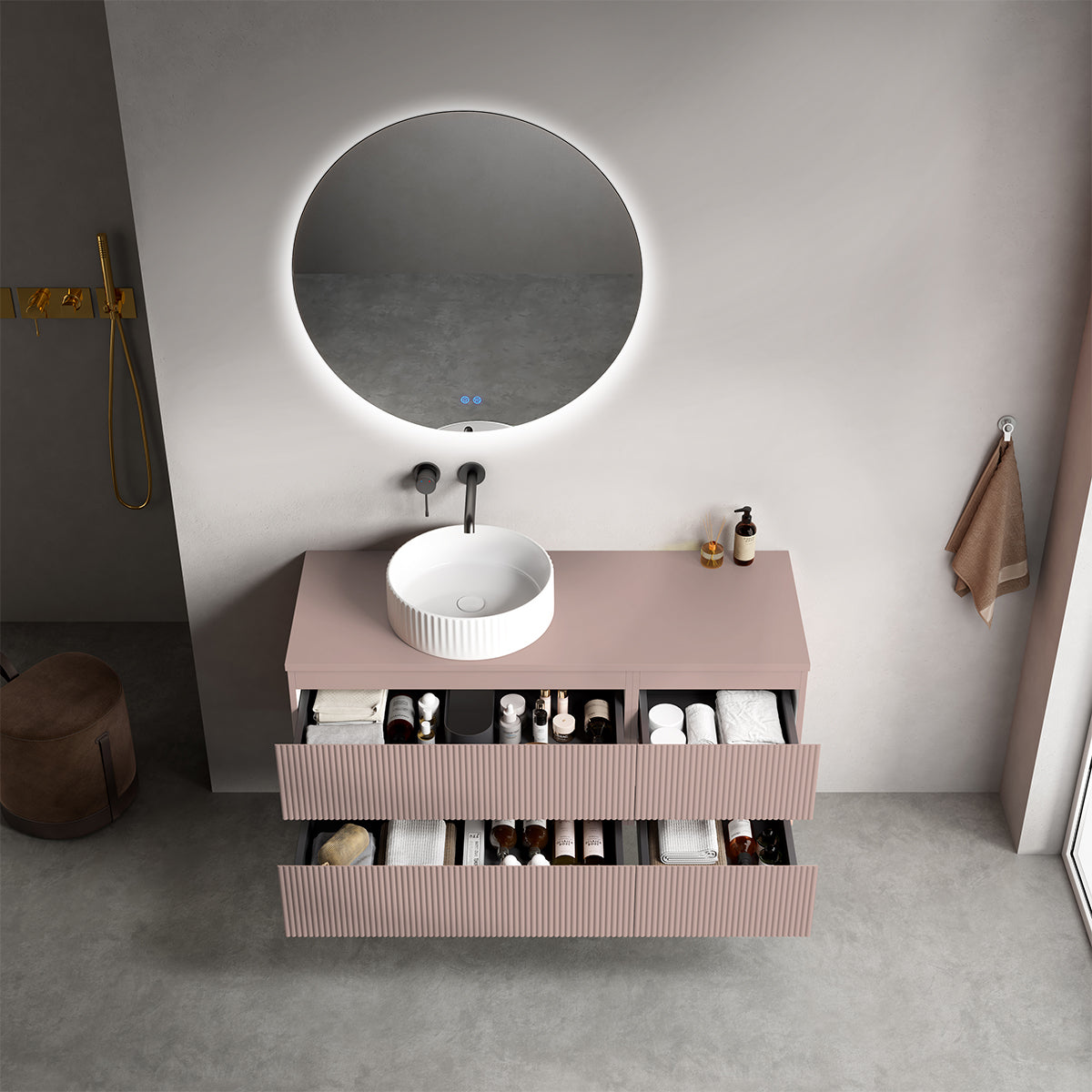 Mobile bagno sospeso cannettato reversibile  120 cm Rosa Retrò per Lavabo d'appoggio Specchio Tondo Retroilluminato - Fiji Paint Top Canneté