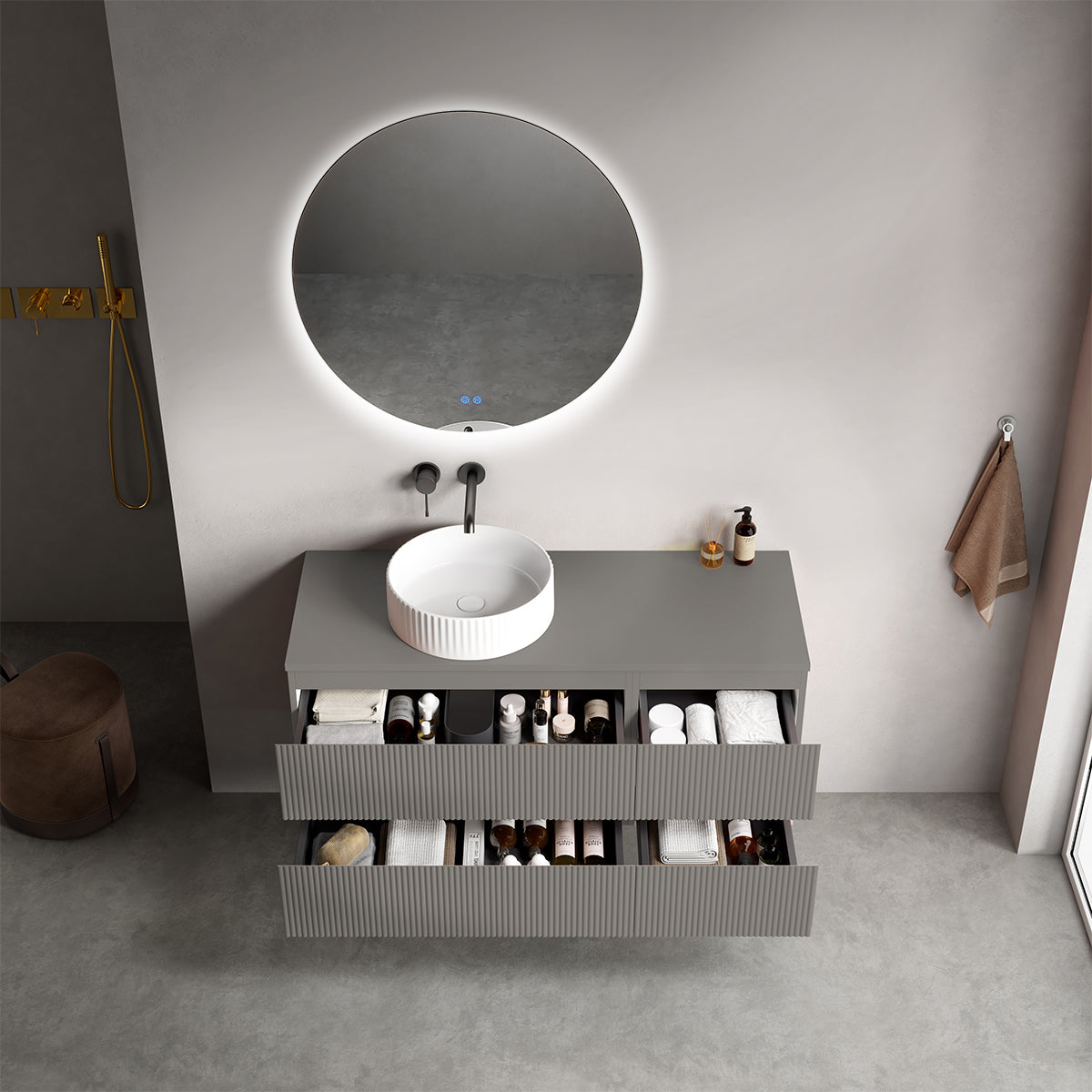 Mobile bagno sospeso cannettato reversibile  120 cm Grigio Londra per Lavabo d'appoggio Specchio Tondo Retroilluminato - Fiji Paint Top Canneté