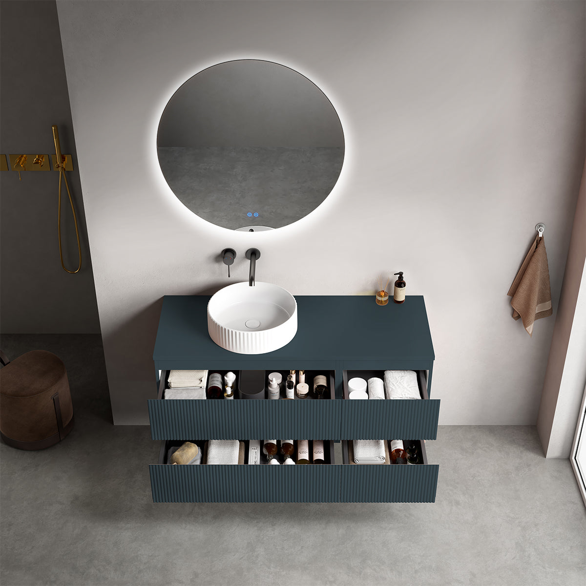 Mobile bagno sospeso cannettato reversibile  120 cm Blu Mare per Lavabo d'appoggio Specchio Tondo Retroilluminato - Fiji Paint Top Canneté