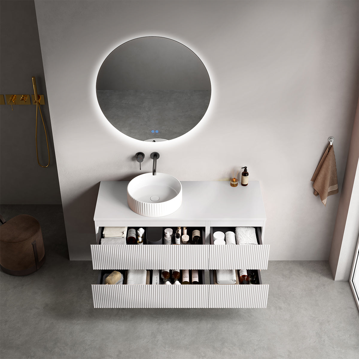 Mobile bagno sospeso cannettato reversibile  120 cm Bianco Opaco per Lavabo d'appoggio Specchio Tondo Retroilluminato - Fiji Paint Top Canneté