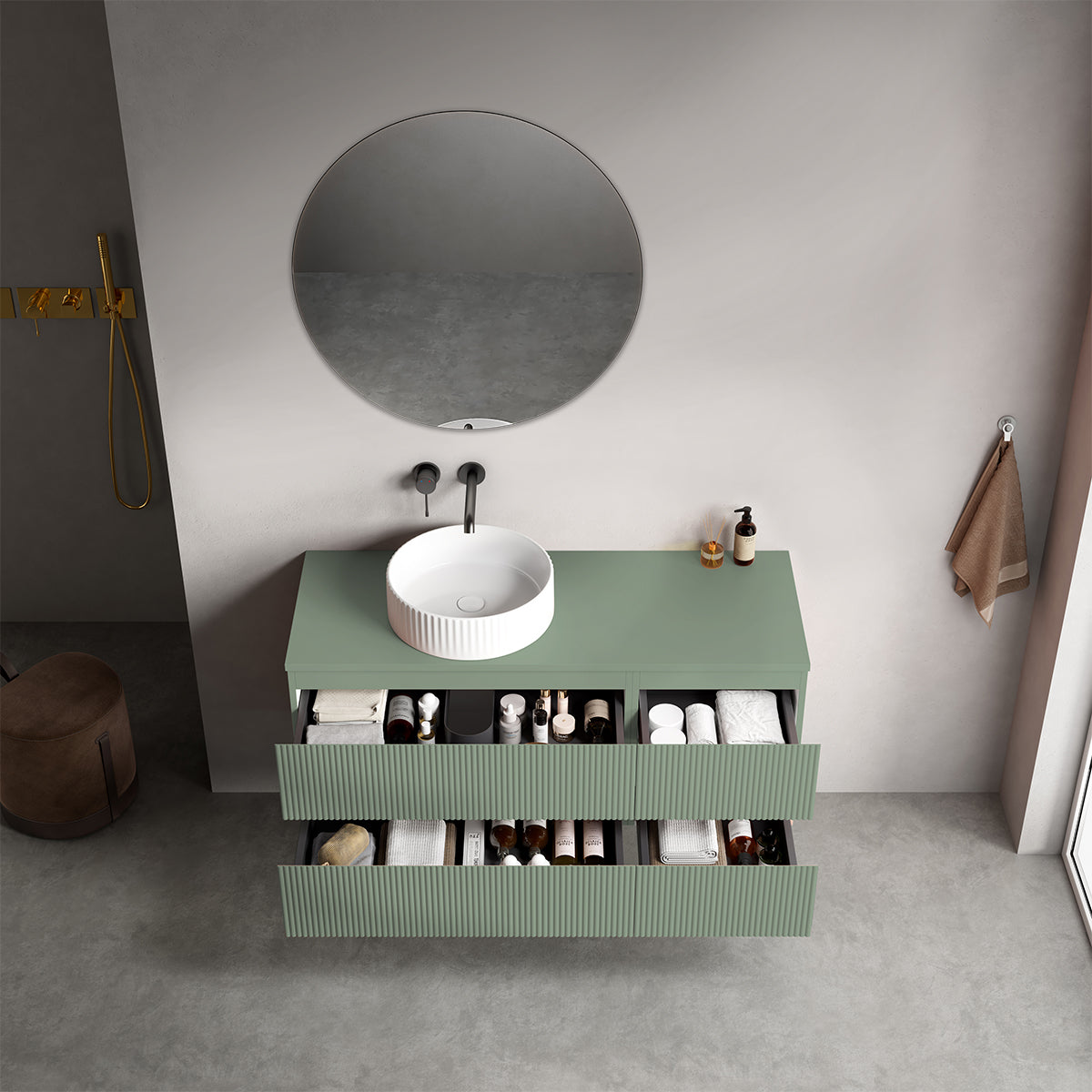 Mobile bagno sospeso cannettato reversibile  120 cm Verde Salvia per Lavabo d'appoggio Specchio Tondo - Fiji Paint Top Canneté