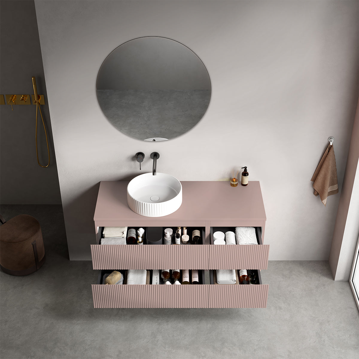 Mobile bagno sospeso cannettato reversibile  120 cm Rosa Retrò per Lavabo d'appoggio Specchio Tondo - Fiji Paint Top Canneté