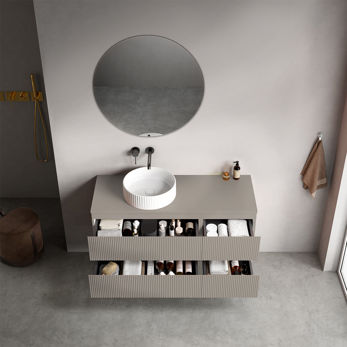 Mobile bagno sospeso cannettato reversibile  120 cm Grigio Cenere  per Lavabo d'appoggio Specchio Tondo - Fiji Paint Top Canneté