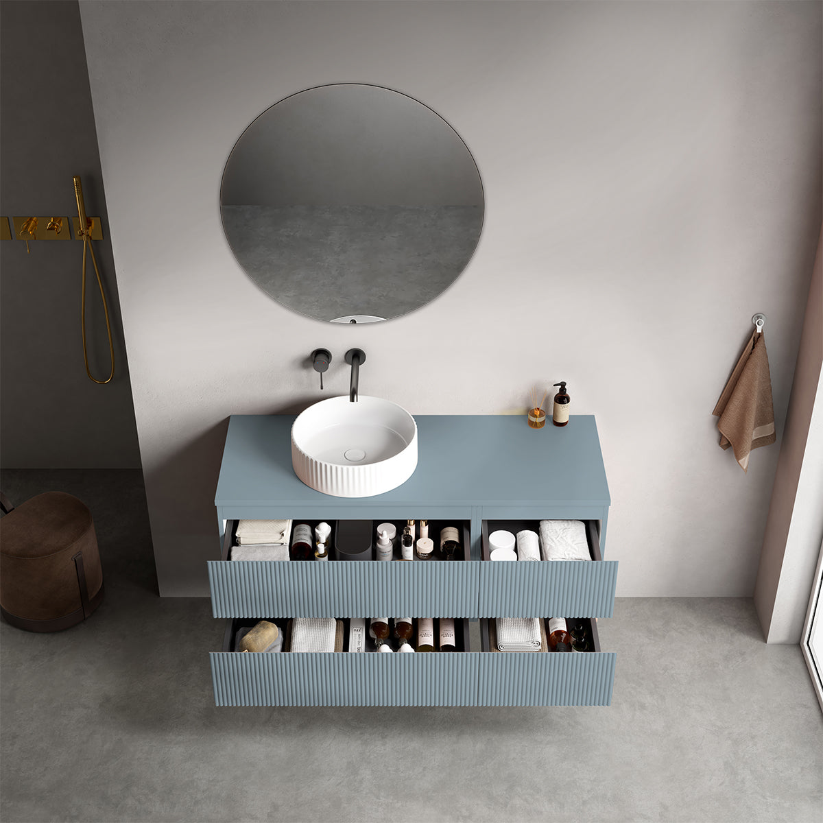 Mobile bagno sospeso cannettato reversibile  120 cm Blu Avio per Lavabo d'appoggio Specchio Tondo - Fiji Paint Top Canneté