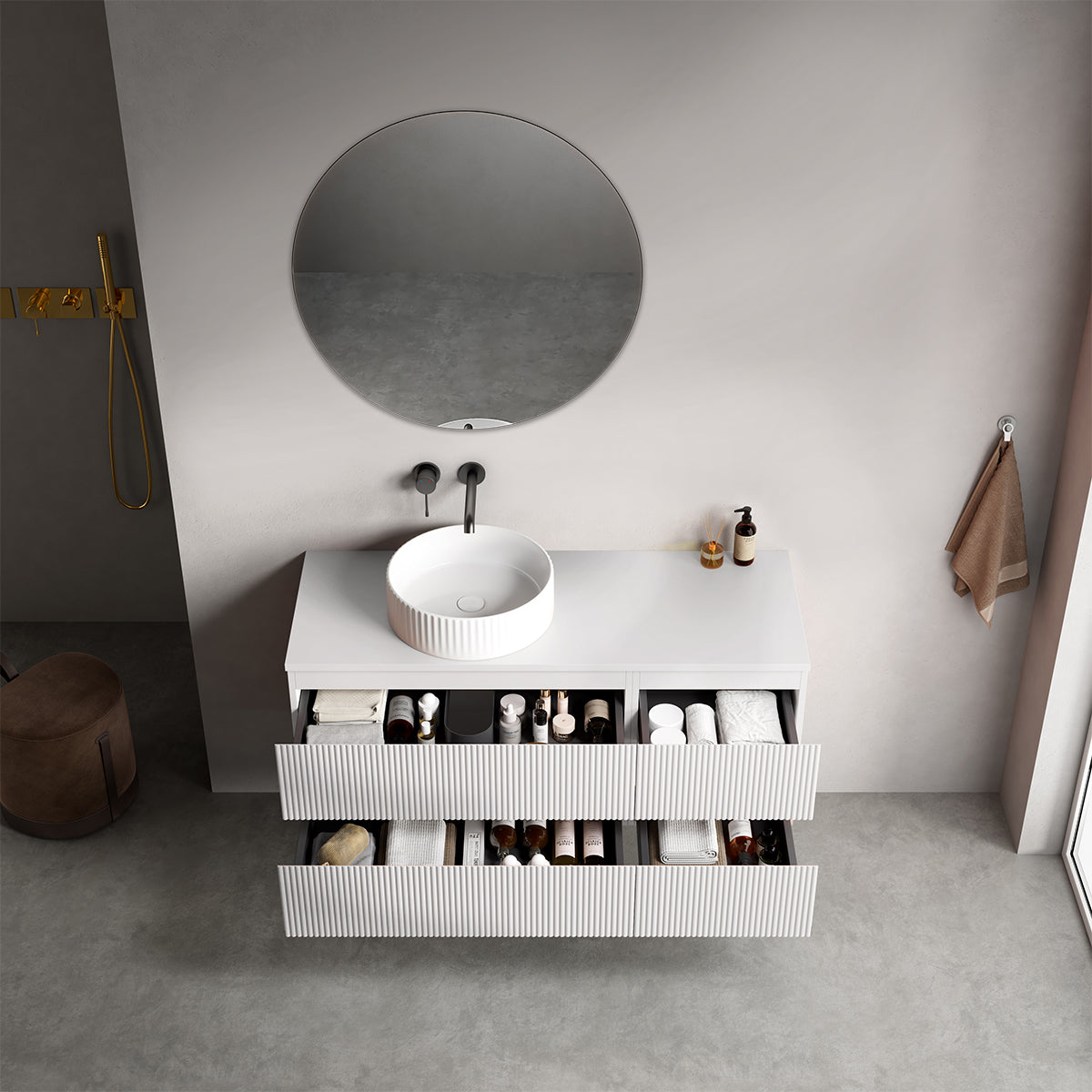 Mobile bagno sospeso cannettato reversibile  120 cm Bianco Opaco per Lavabo d'appoggio Specchio Tondo - Fiji Paint Top Canneté