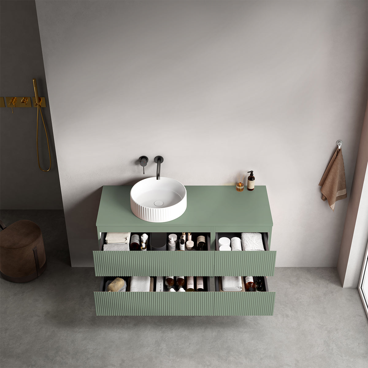 Mobile bagno sospeso cannettato reversibile  120 cm Verde Salvia per Lavabo d'appoggio Senza Specchio - Fiji Paint Top Canneté