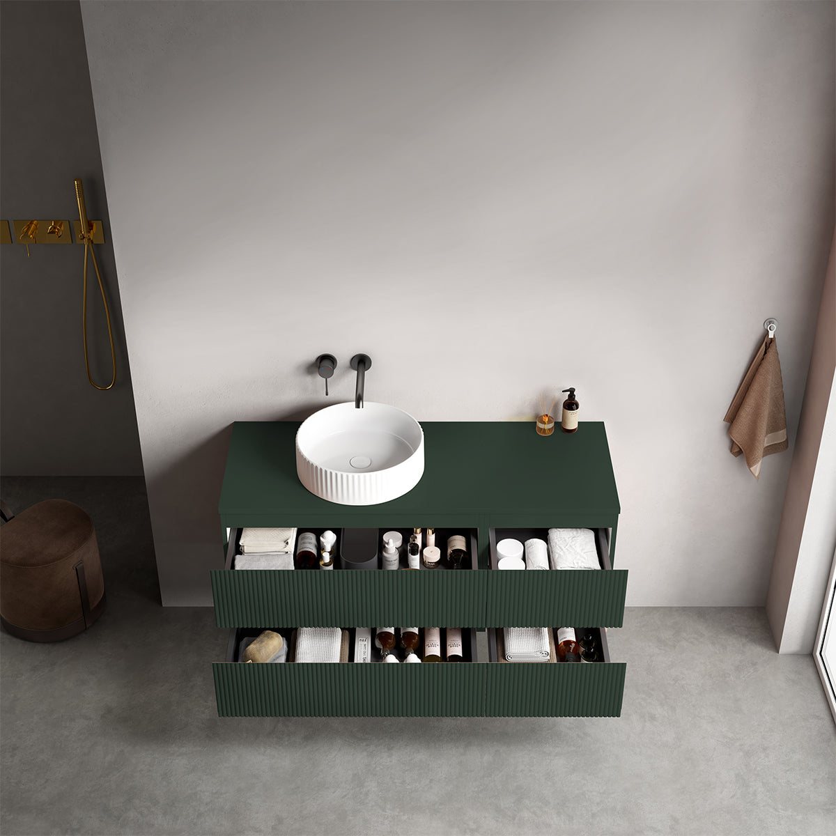 Mobile bagno sospeso cannettato reversibile  120 cm Verde Comodoro  per Lavabo d'appoggio Senza Specchio - Fiji Paint Top Canneté