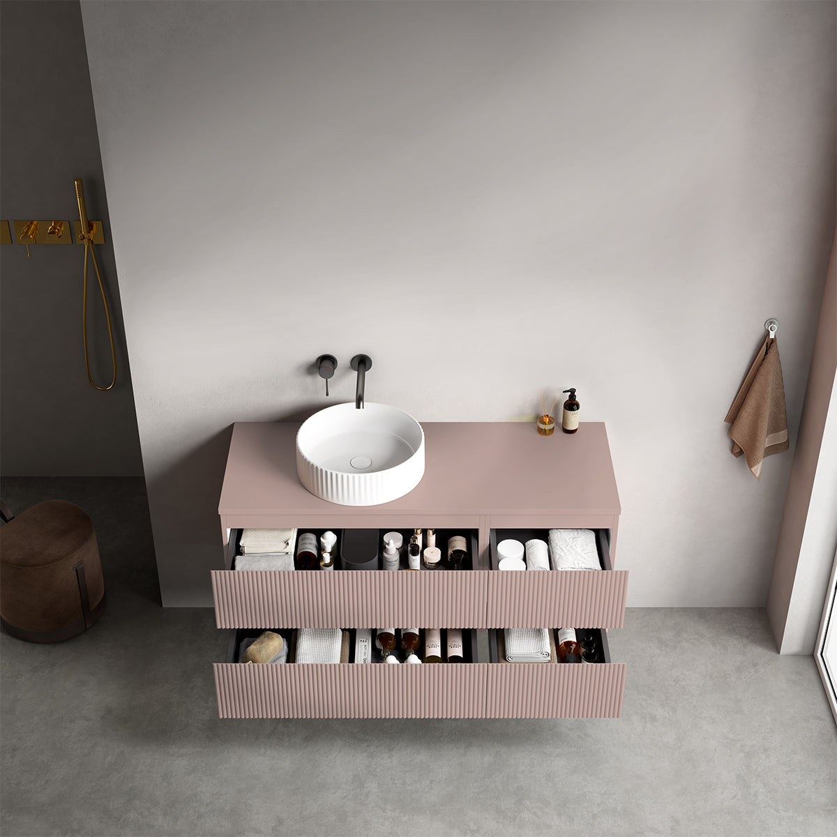 Mobile bagno sospeso cannettato reversibile  120 cm Rosa Retrò per Lavabo d'appoggio Senza Specchio - Fiji Paint Top Canneté