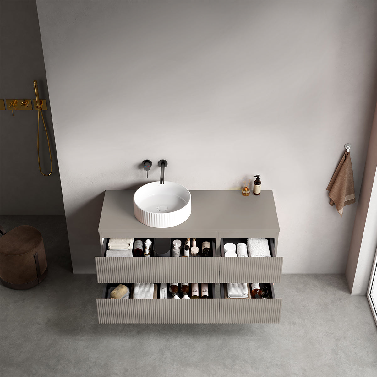 Mobile bagno sospeso cannettato reversibile  120 cm Grigio Cenere  per Lavabo d'appoggio Senza Specchio - Fiji Paint Top Canneté