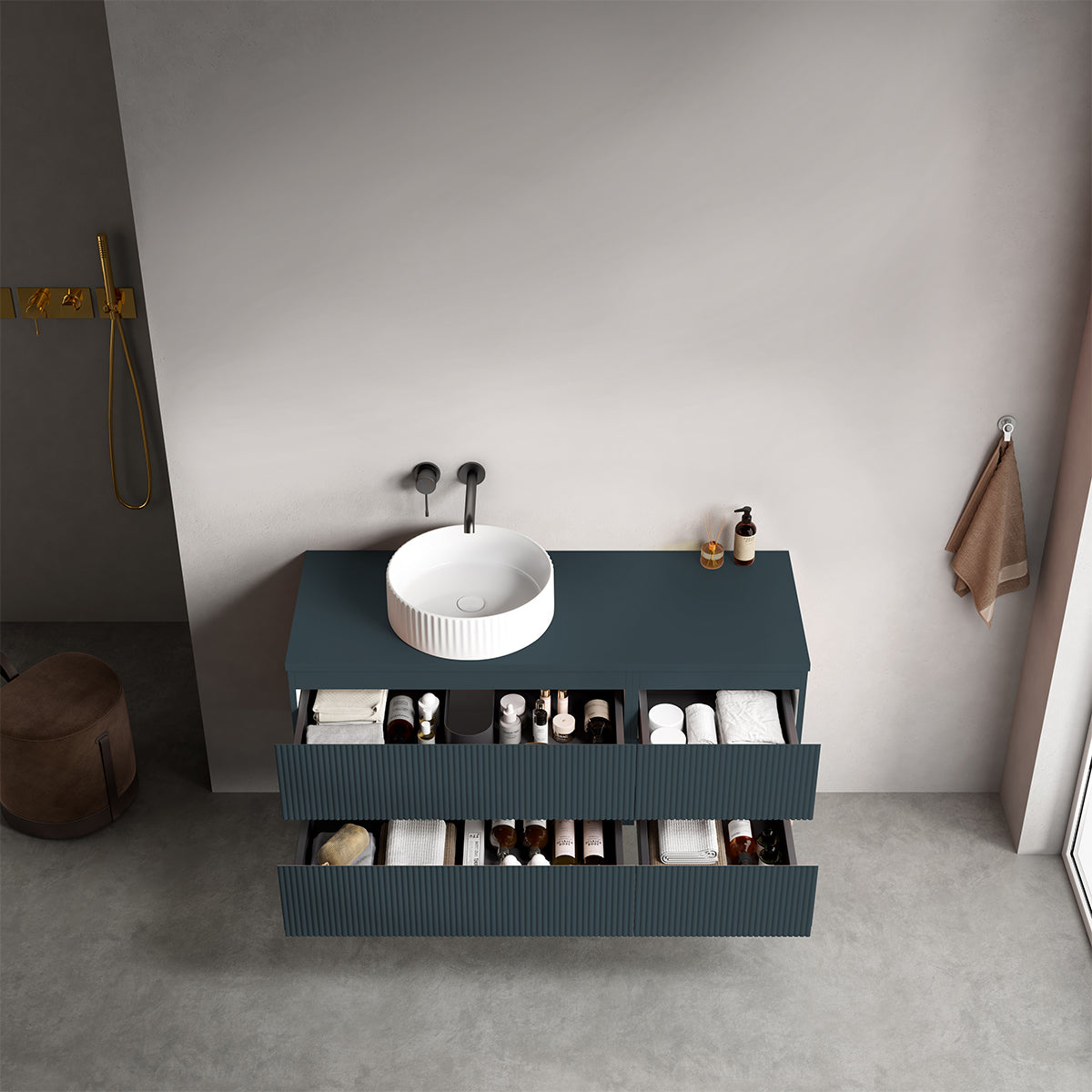 Mobile bagno sospeso cannettato reversibile  120 cm Blu Mare per Lavabo d'appoggio Senza Specchio - Fiji Paint Top Canneté