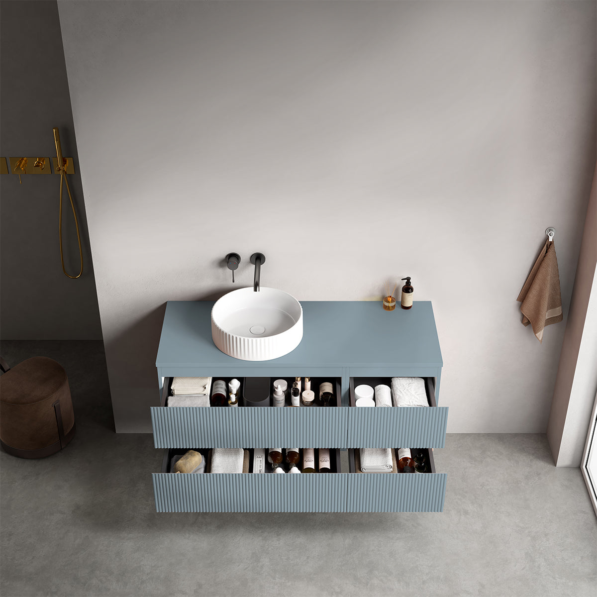 Mobile bagno sospeso cannettato reversibile  120 cm Blu Avio per Lavabo d'appoggio Senza Specchio - Fiji Paint Top Canneté