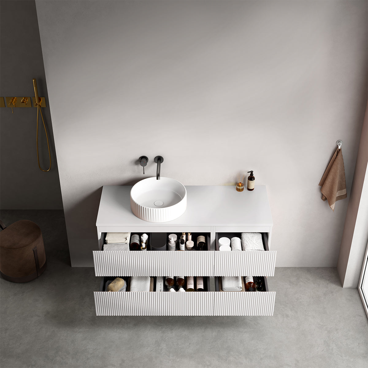 Mobile bagno sospeso cannettato reversibile  120 cm Bianco Opaco per Lavabo d'appoggio Senza Specchio - Fiji Paint Top Canneté