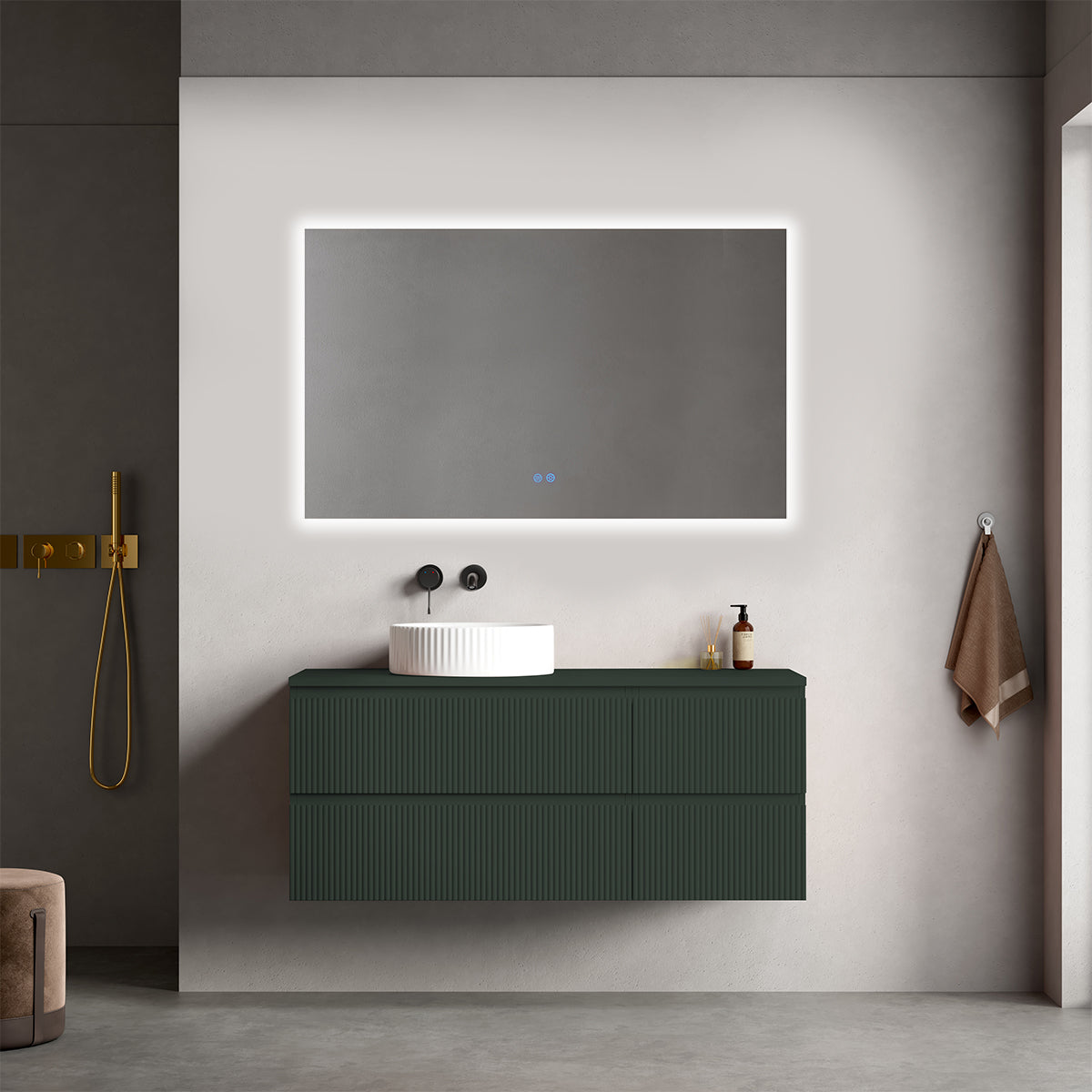 Mobile bagno sospeso cannettato reversibile  120 cm Verde Comodoro  per Lavabo d'appoggio Specchio Quadro Retroilluminato - Fiji Paint Top Canneté