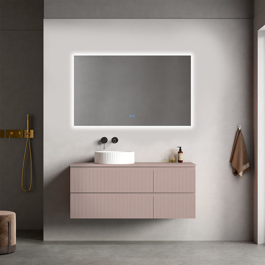 Mobile bagno sospeso cannettato reversibile  120 cm Rosa Retrò per Lavabo d'appoggio Specchio Quadro Retroilluminato - Fiji Paint Top Canneté