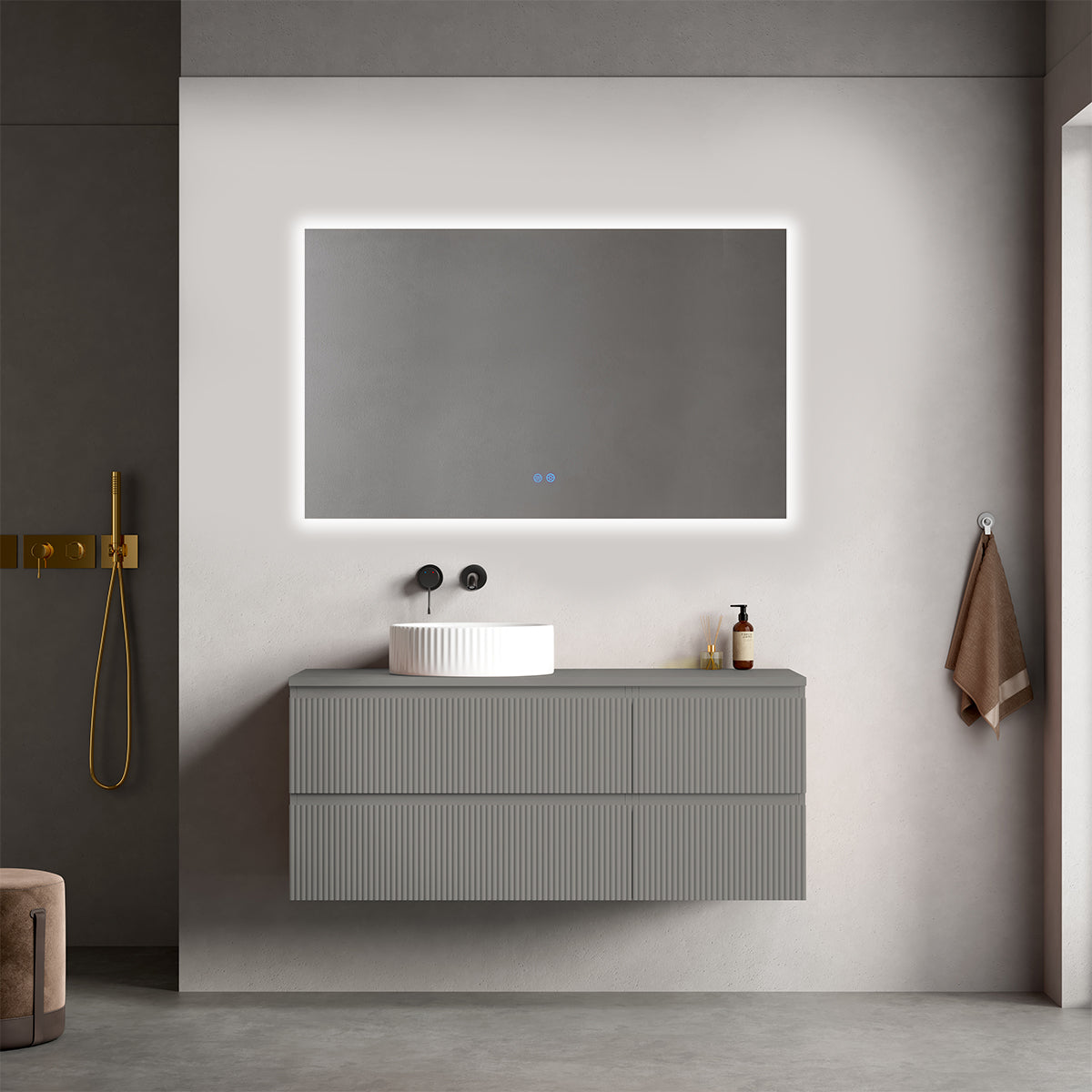 Mobile bagno sospeso cannettato reversibile  120 cm Grigio Londra per Lavabo d'appoggio Specchio Quadro Retroilluminato - Fiji Paint Top Canneté