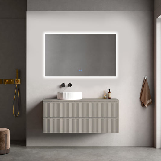 Mobile bagno sospeso cannettato reversibile  120 cm Grigio Cenere  per Lavabo d'appoggio Specchio Quadro Retroilluminato - Fiji Paint Top Canneté