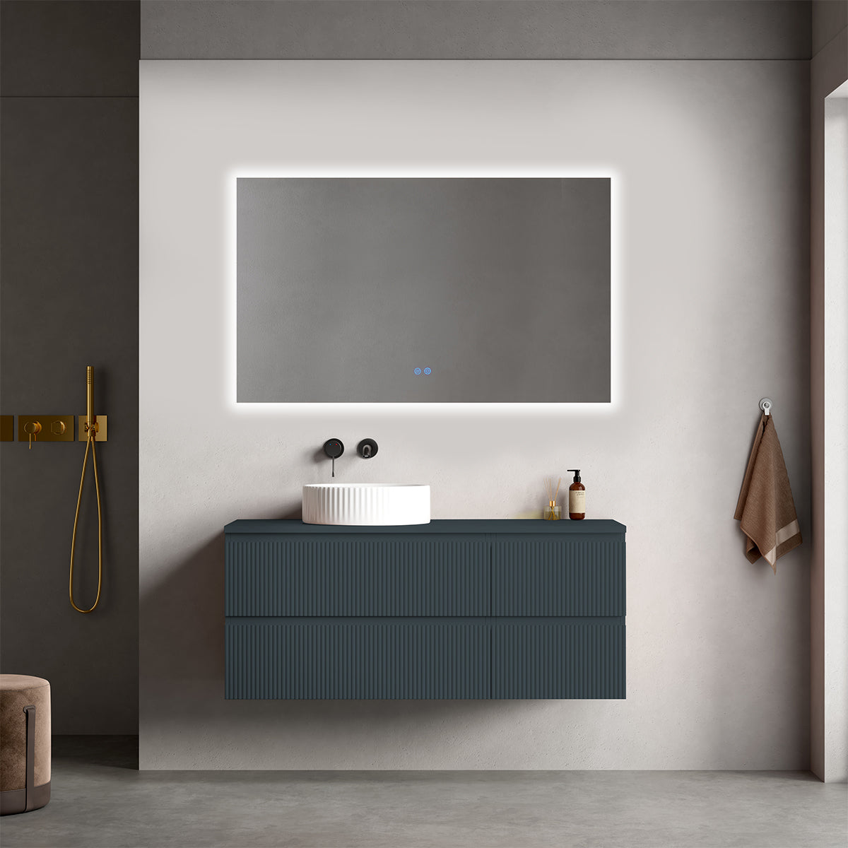 Mobile bagno sospeso cannettato reversibile  120 cm Blu Mare per Lavabo d'appoggio Specchio Quadro Retroilluminato - Fiji Paint Top Canneté