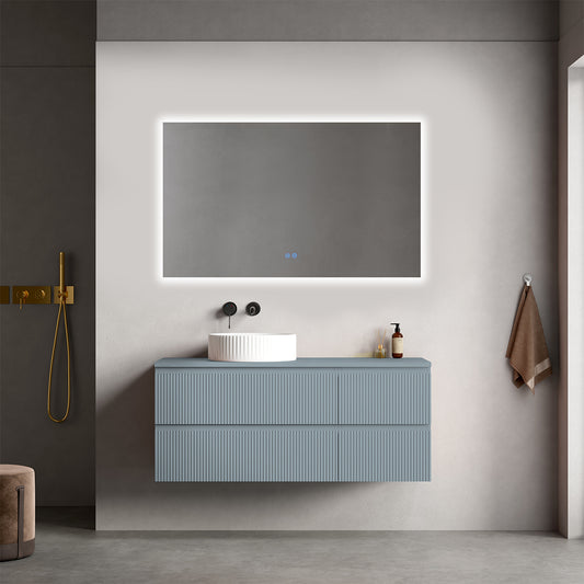 Mobile bagno sospeso cannettato reversibile  120 cm Blu Avio per Lavabo d'appoggio Specchio Quadro Retroilluminato - Fiji Paint Top Canneté
