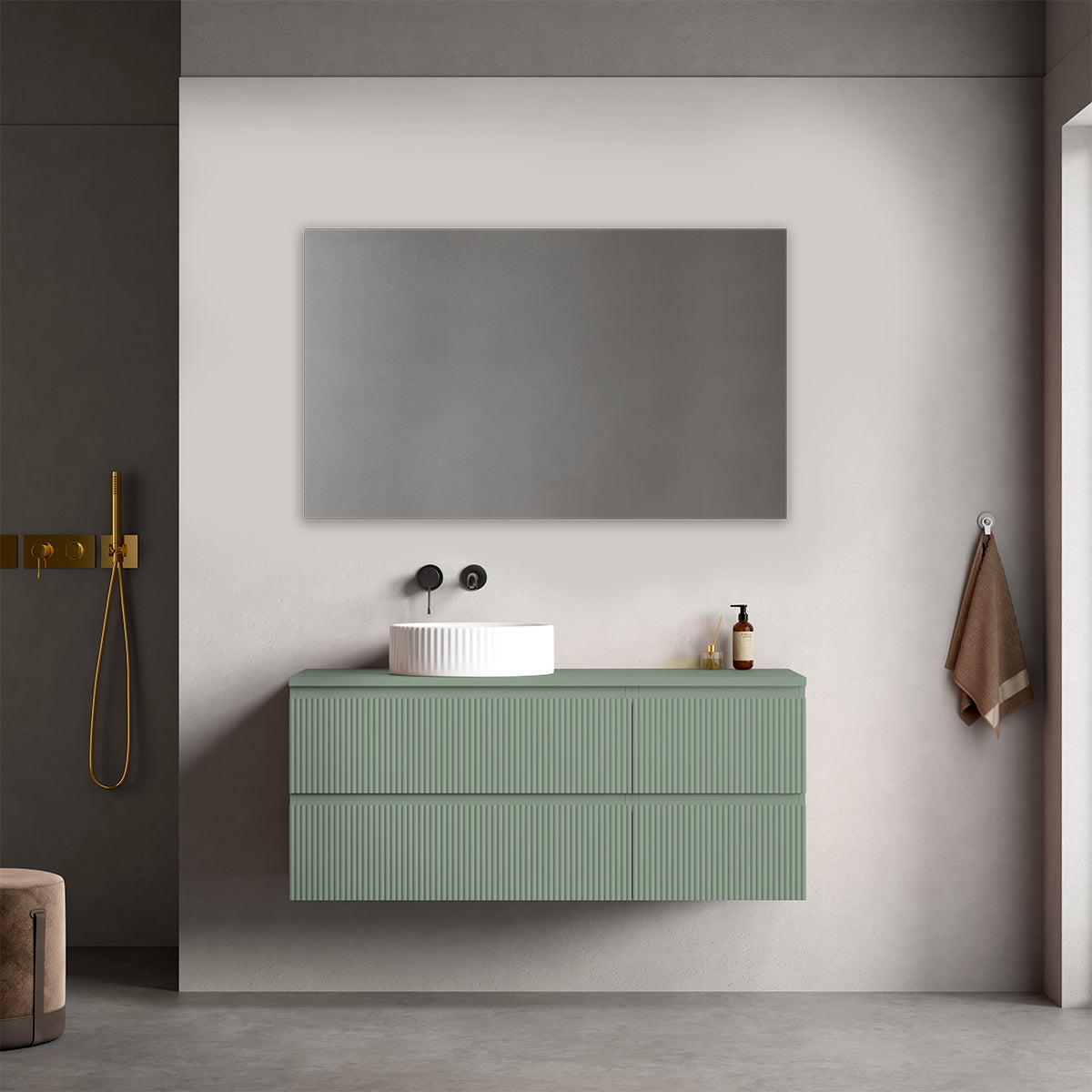 Mobile bagno sospeso cannettato reversibile  120 cm Verde Salvia per Lavabo d'appoggio Specchio Quadro - Fiji Paint Top Canneté