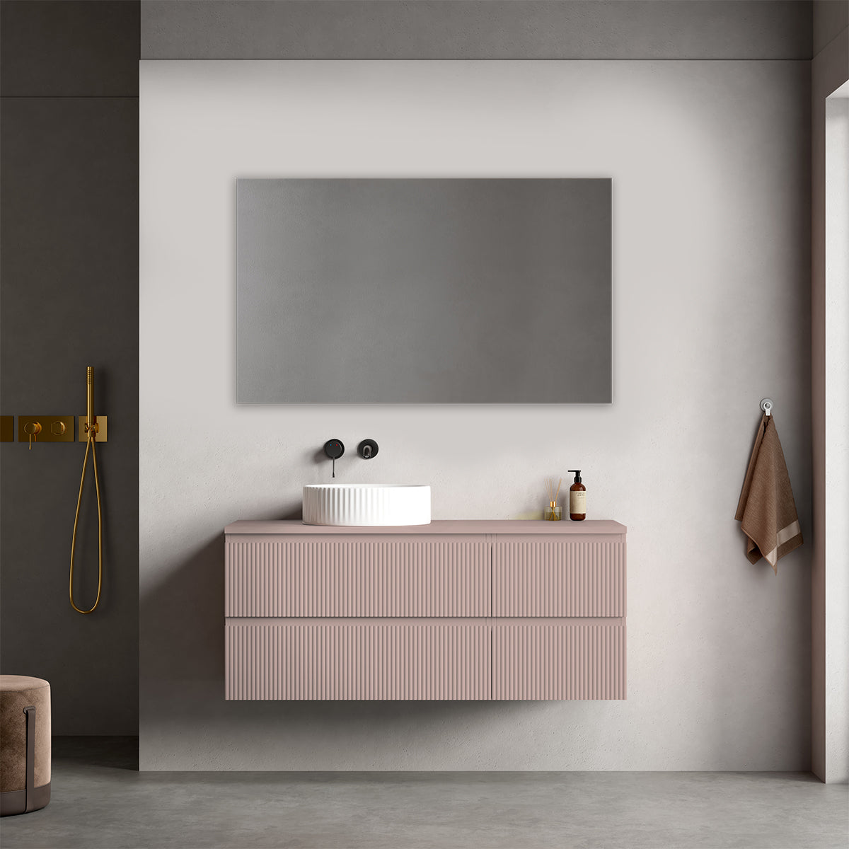 Mobile bagno sospeso cannettato reversibile  120 cm Rosa Retrò per Lavabo d'appoggio Specchio Quadro - Fiji Paint Top Canneté